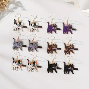 6 Pairs Cat With Knife Dangle/ Drop Earrings